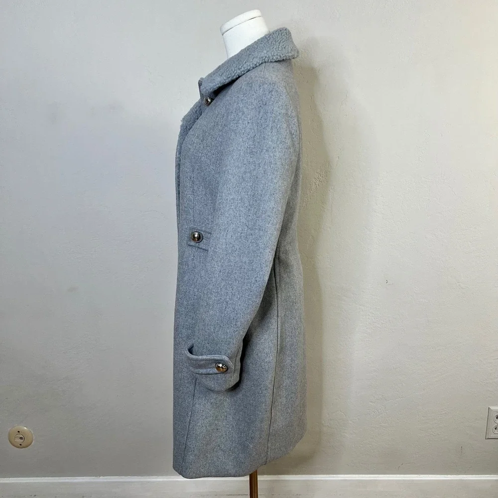 Kate Spade Grey Wool Blend Coat Sherpa Trim Collar Trench Jacket K21765Y Size XS